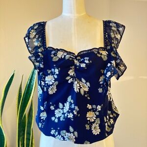 Max Studio Navy Floral Blouse Size small Twee Whimsy